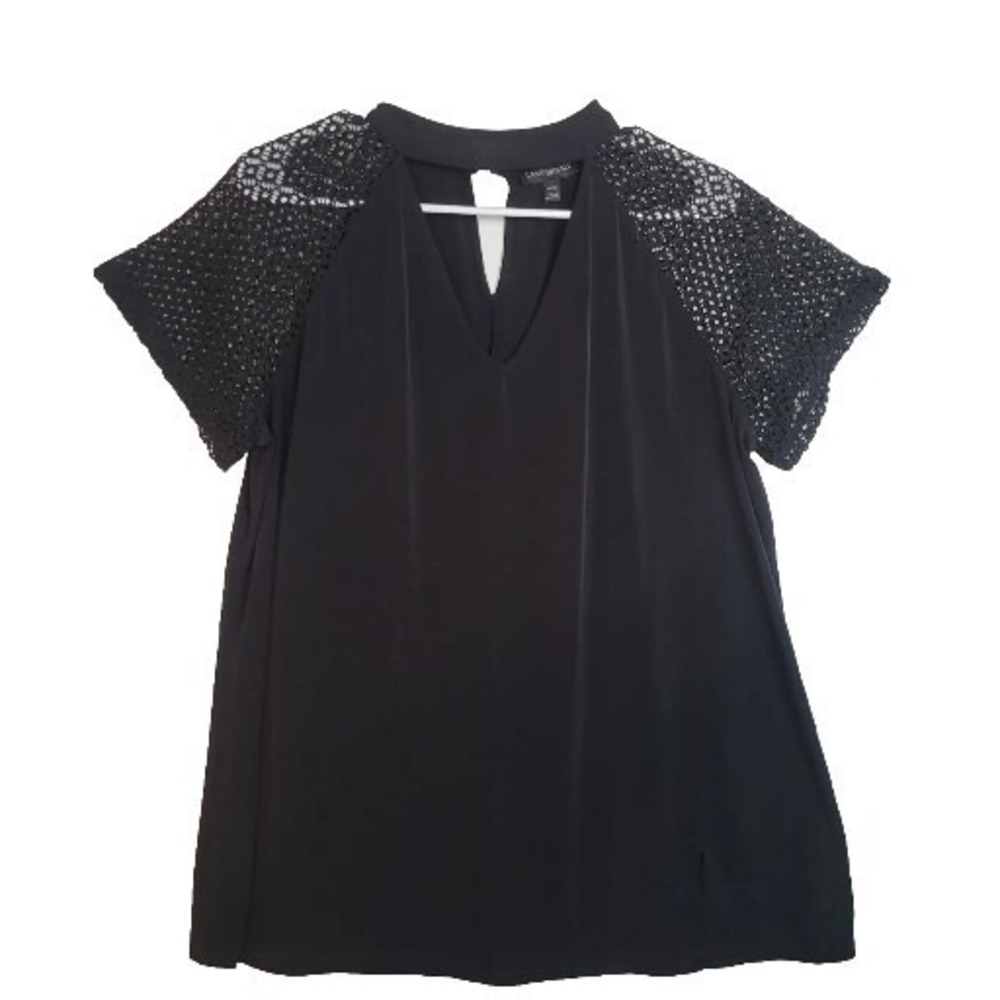 Lane Bryant Womens Overlay Pullover Blouse Black Short Sleeve‎ ~ Size 14/16
